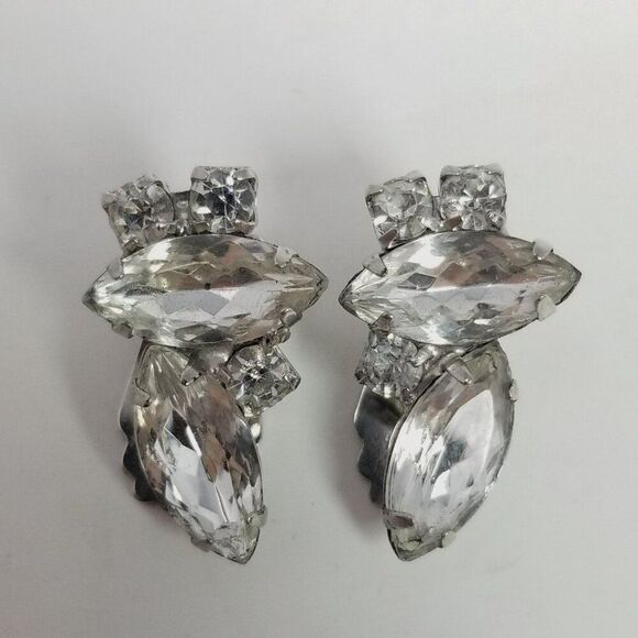 Vintage Rhinestone Cluster Clip On Earrings, Marquise Shape Prong Set, Estate - Picture 6 of 6